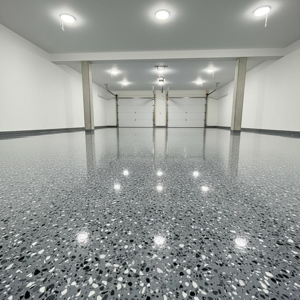 Glossy gray flake epoxy garage floor after coating