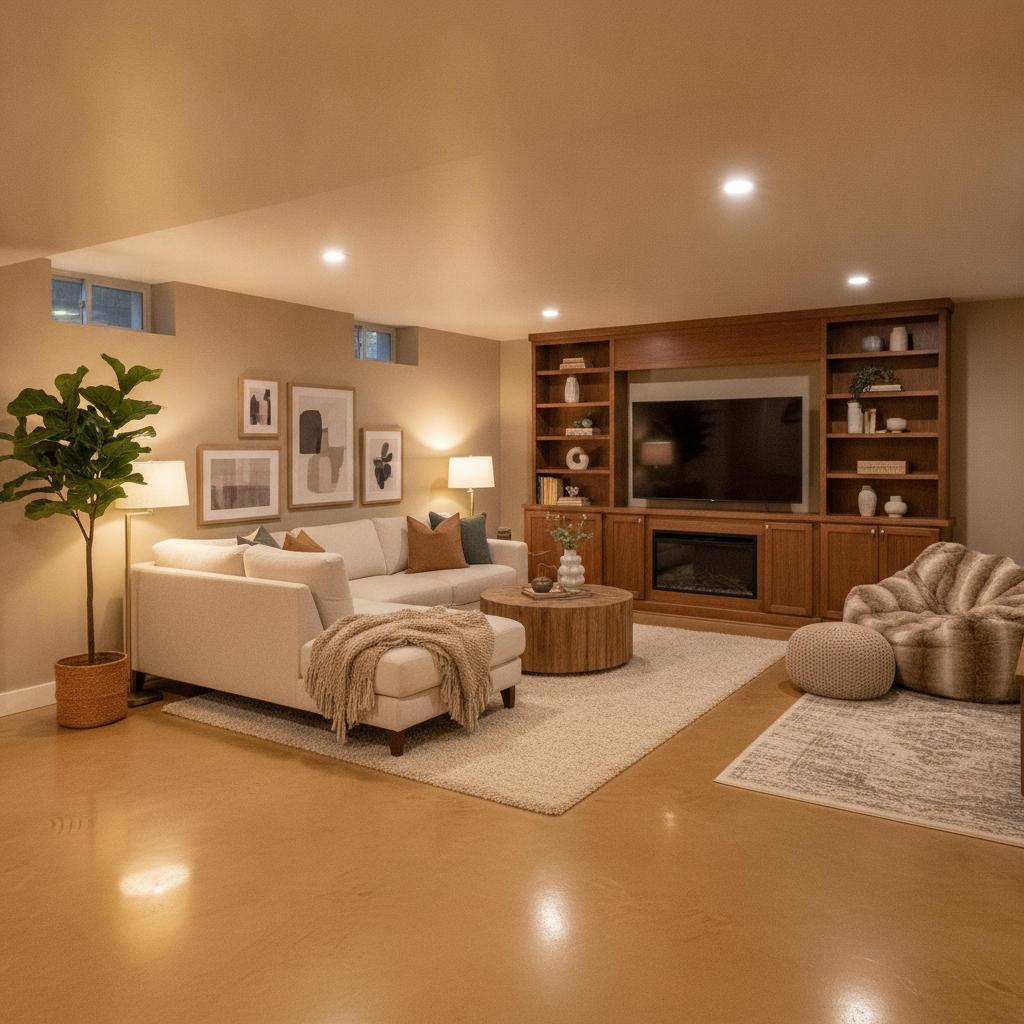 Finished basement with warm tan epoxy floor
