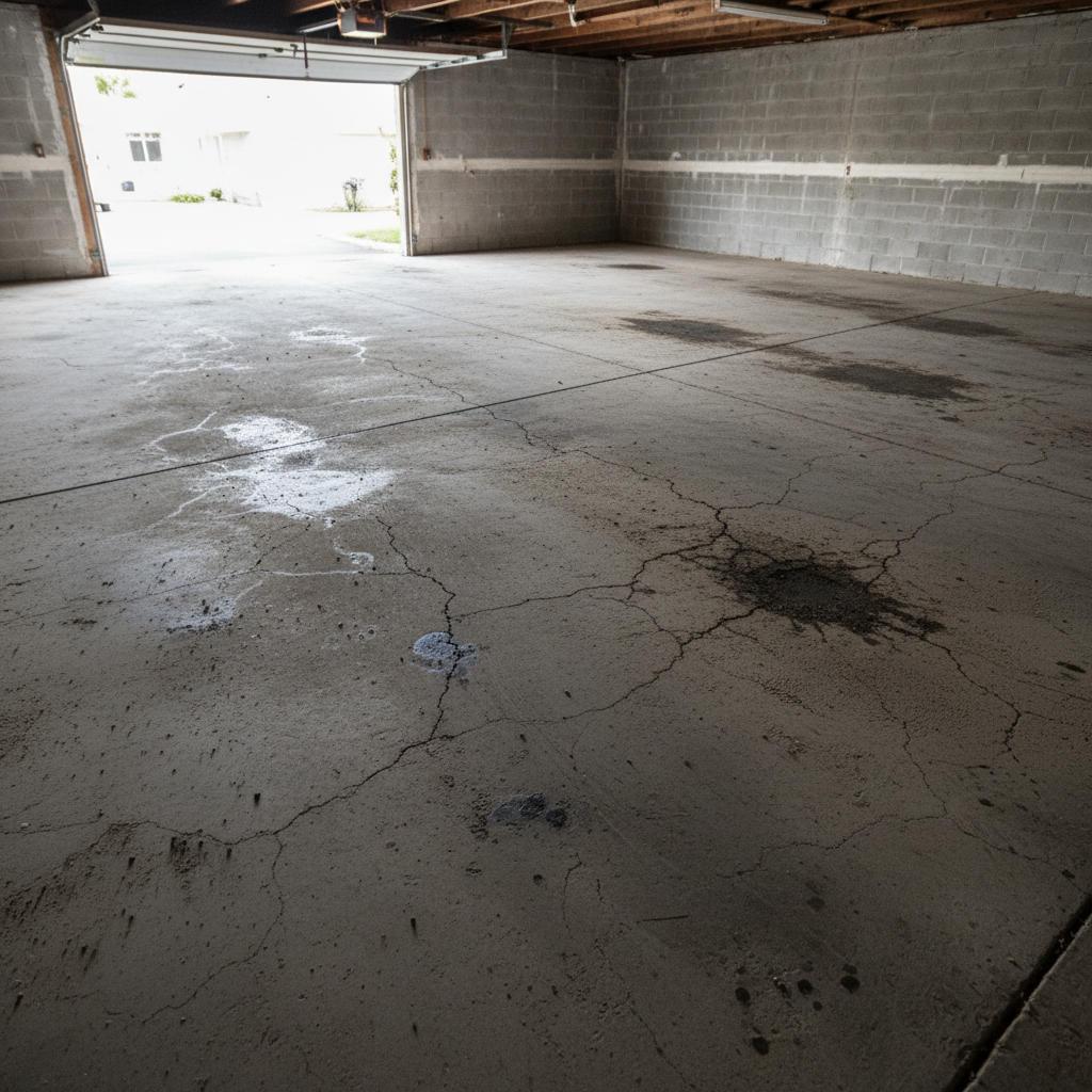 Cracked stained bare concrete garage floor before coating