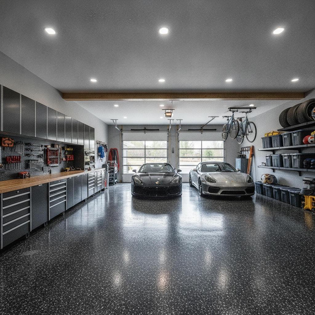 High-end garage with black and gray flake epoxy floor