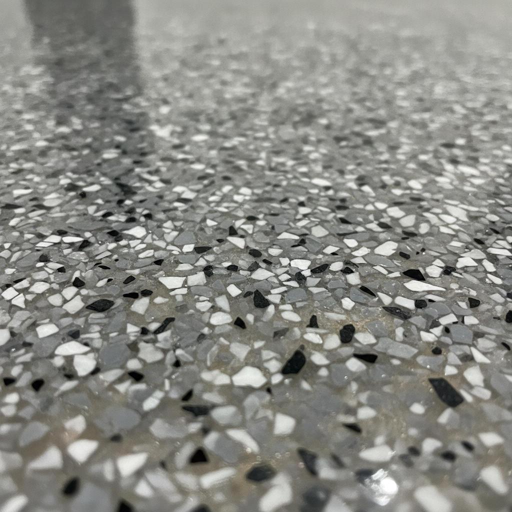Close-up of gray and black epoxy flake coating