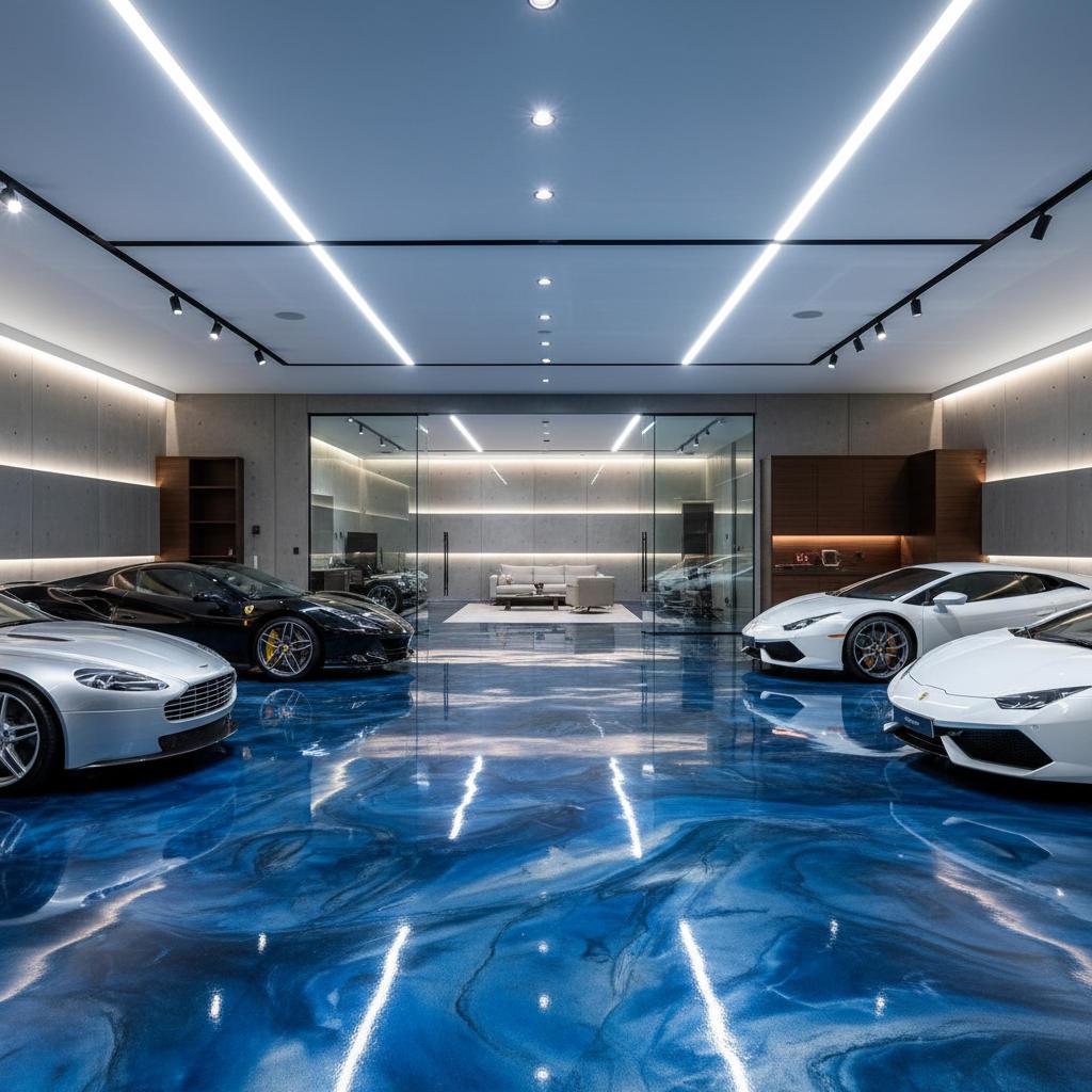 Luxury garage with metallic blue epoxy floor