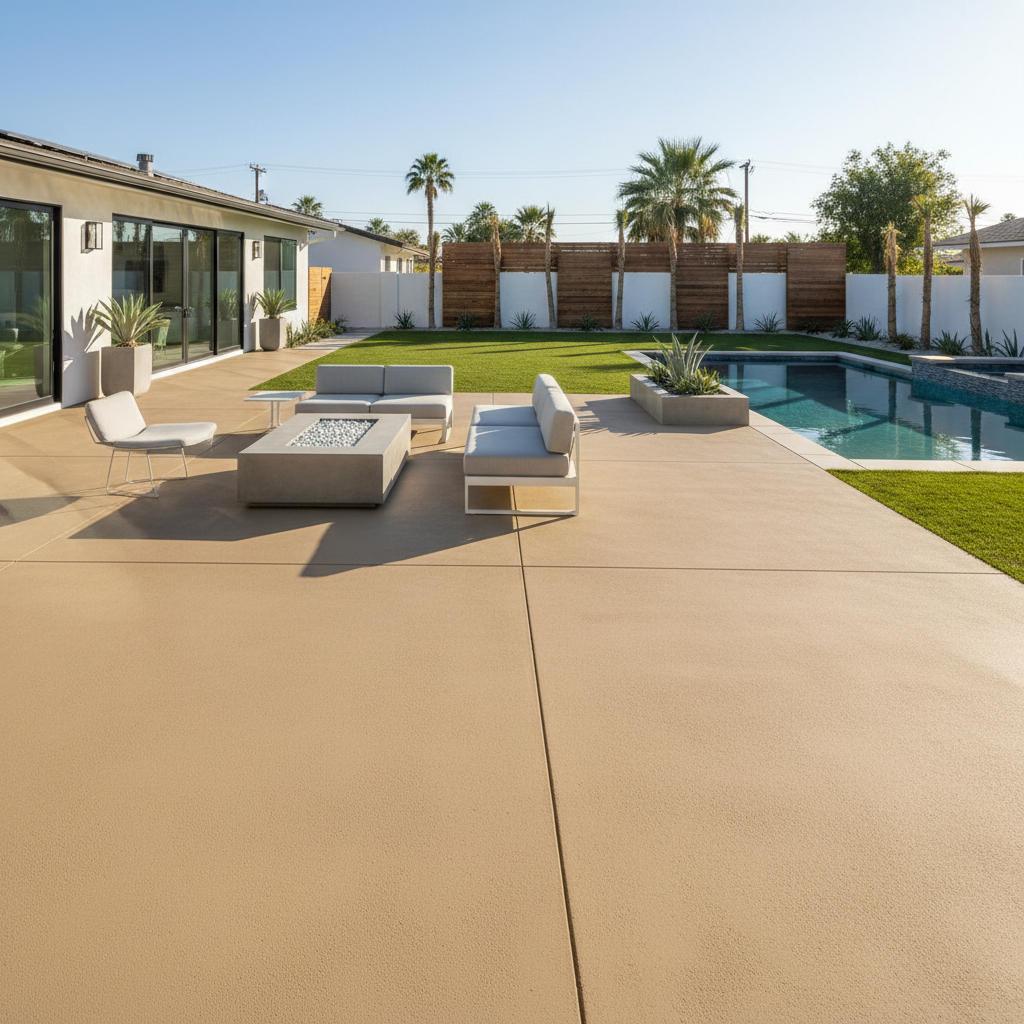 Tan epoxy coated patio in sunlight