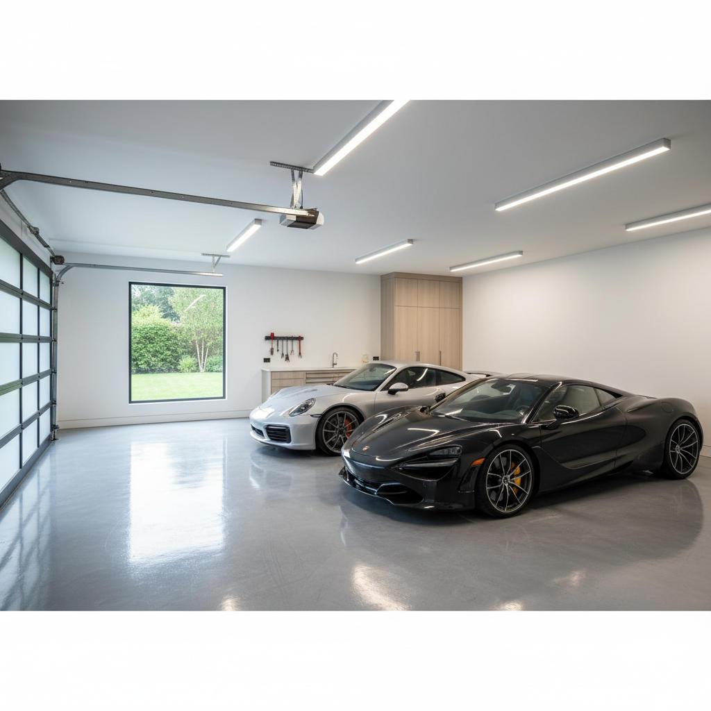 Glossy gray epoxy flake garage floor