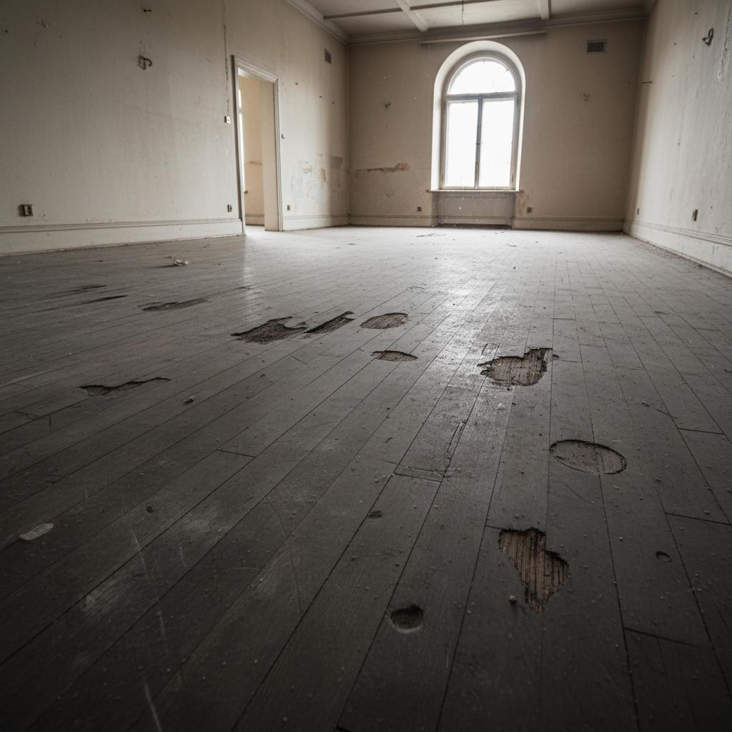 Worn gray scratched hardwood floor before refinishing