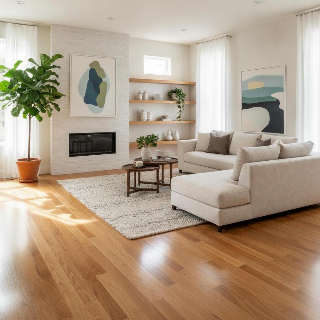 Bright living room with refinished honey oak hardwood floors