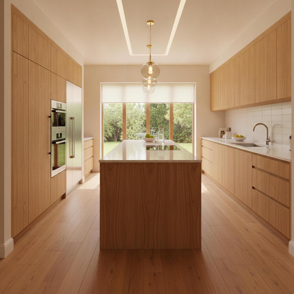 Modern kitchen with warm hardwood floors
