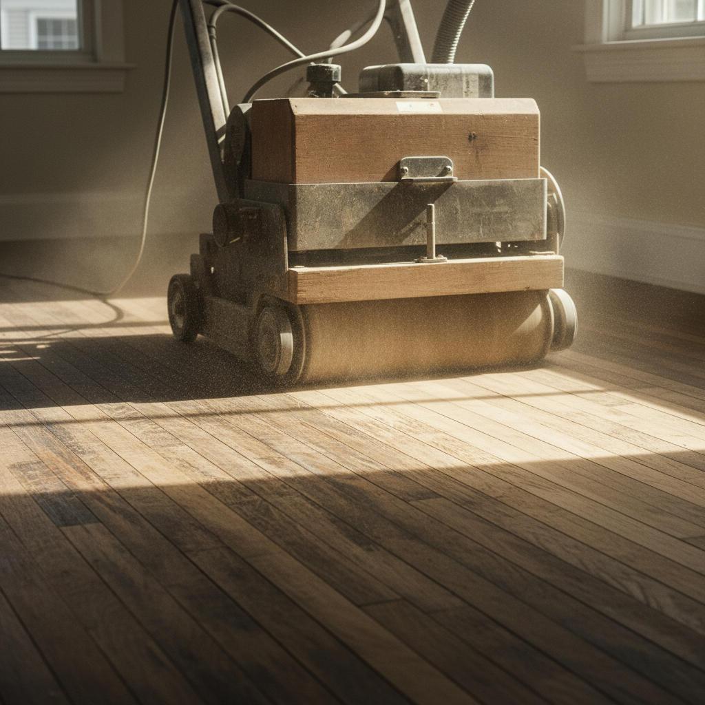 Floor sander stripping an old hardwood floor