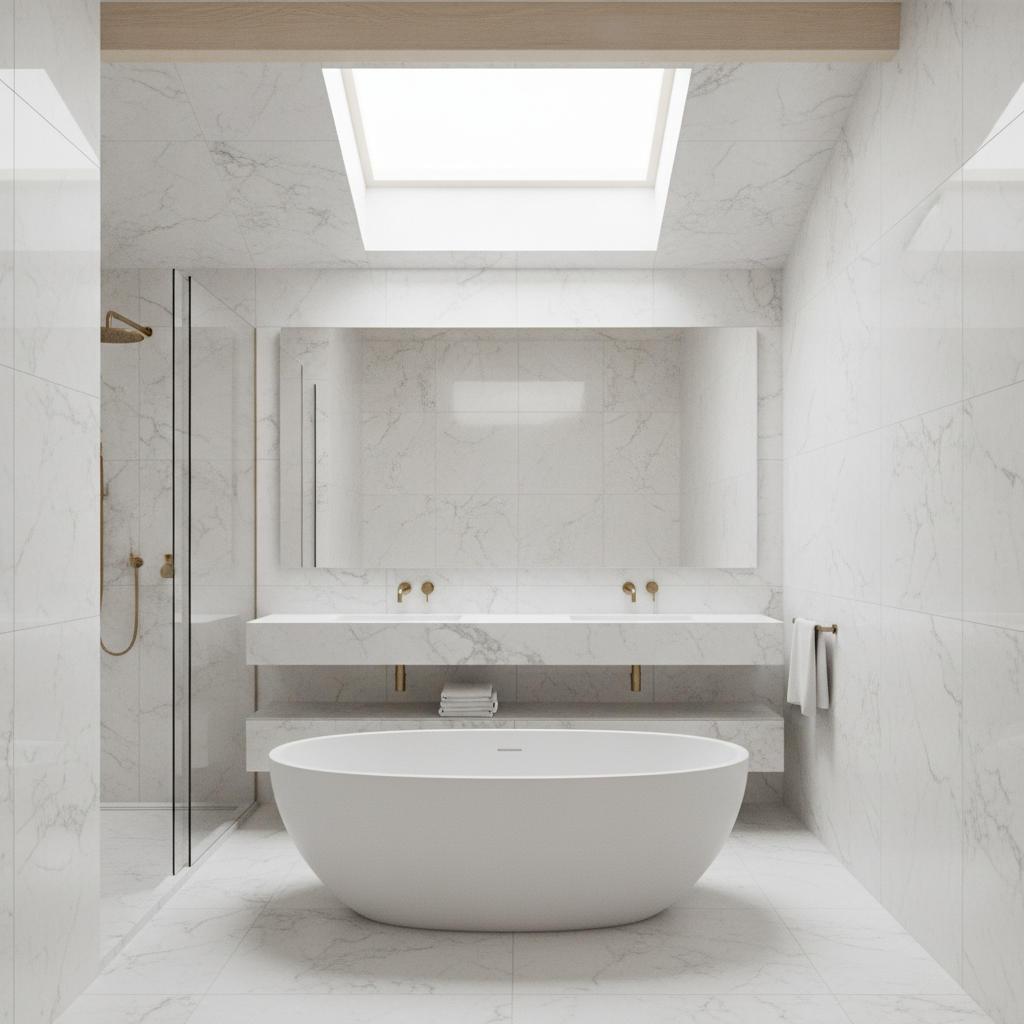 Modern bathroom with marble-look porcelain tile floor and matching tiled walls
