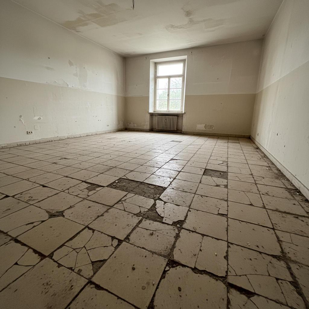 Old dated cracked beige ceramic tile floor before renovation