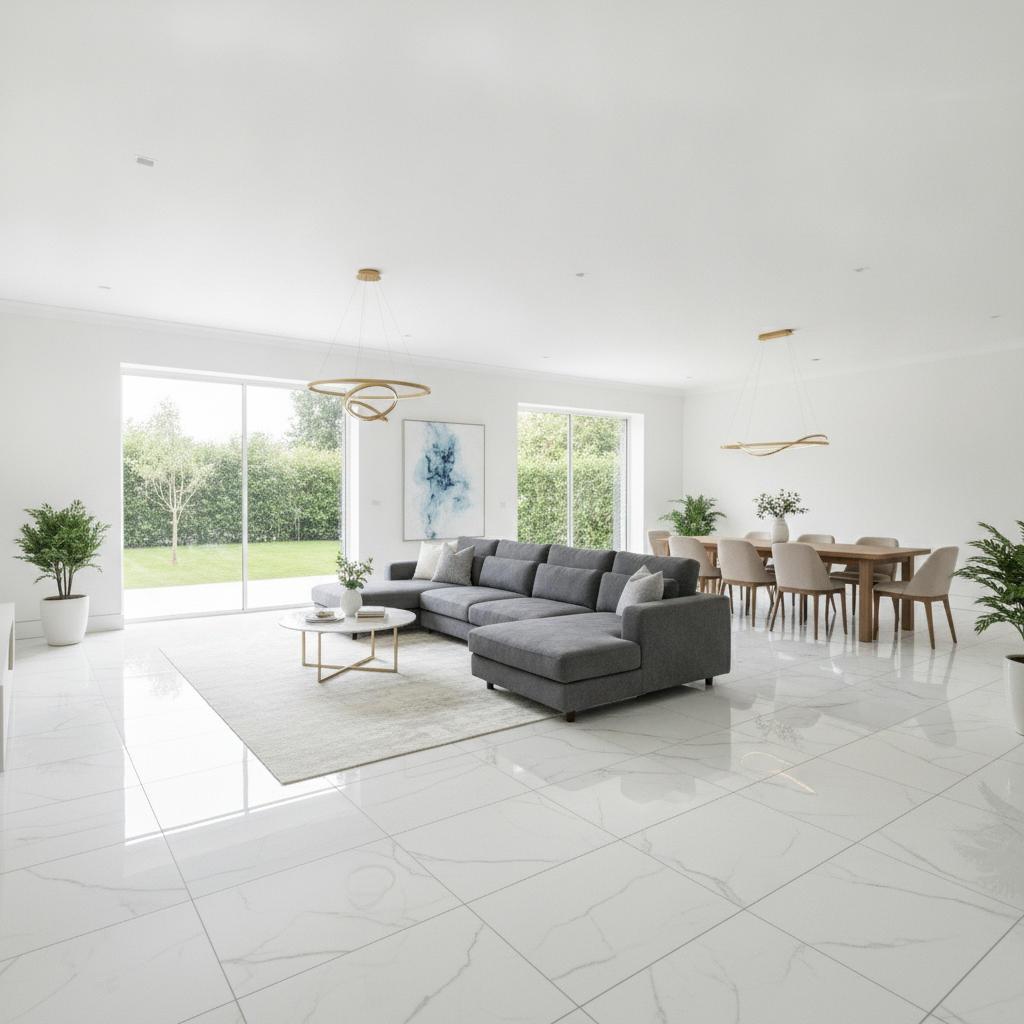 Open living area with large-format marble-look porcelain tile floor