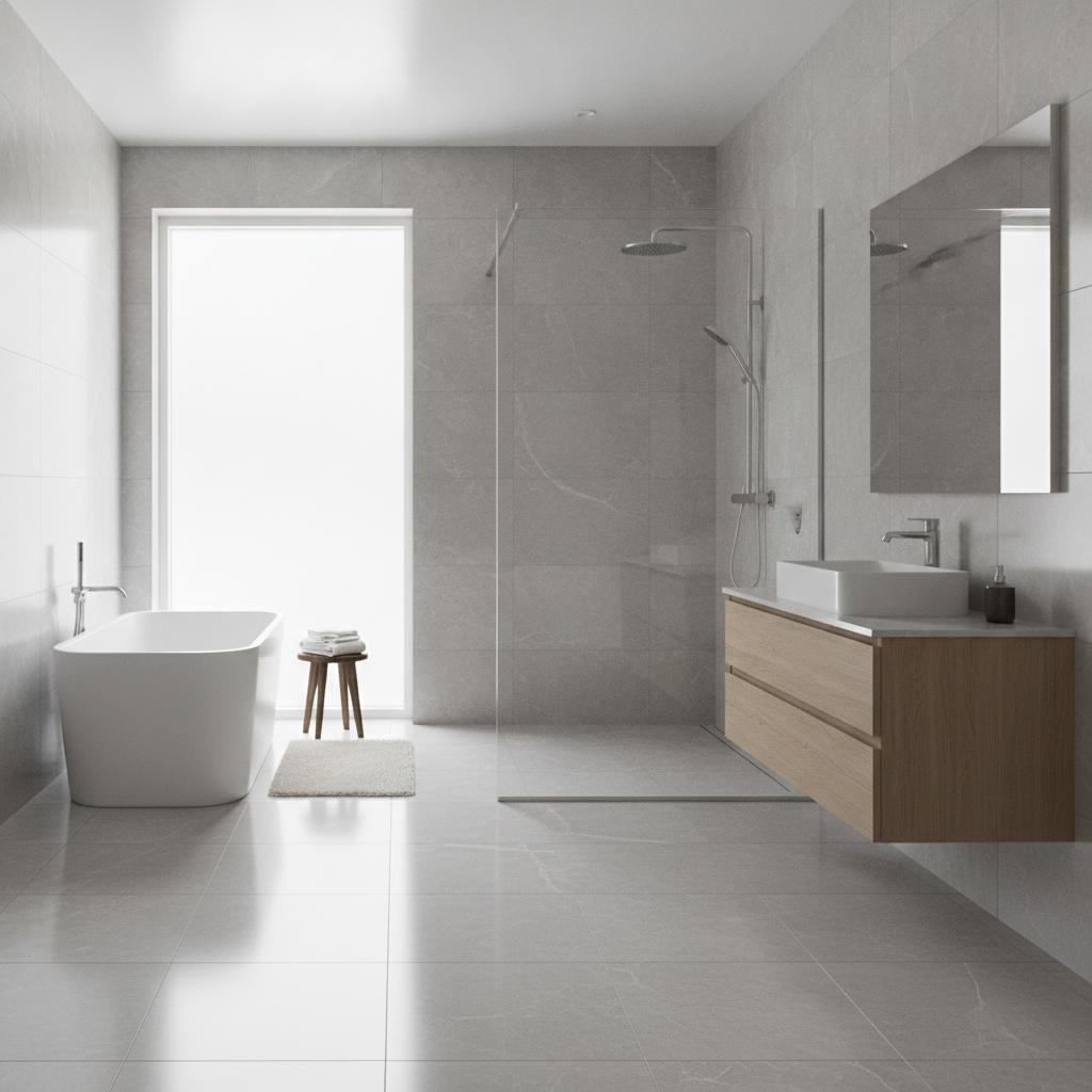 Modern bathroom with large-format gray porcelain tile floor and a walk-in tiled shower