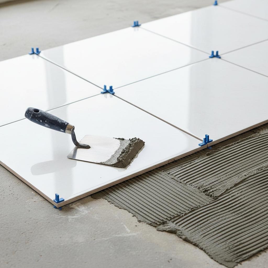 Large porcelain tiles being set in thinset with tile spacers and a notched trowel