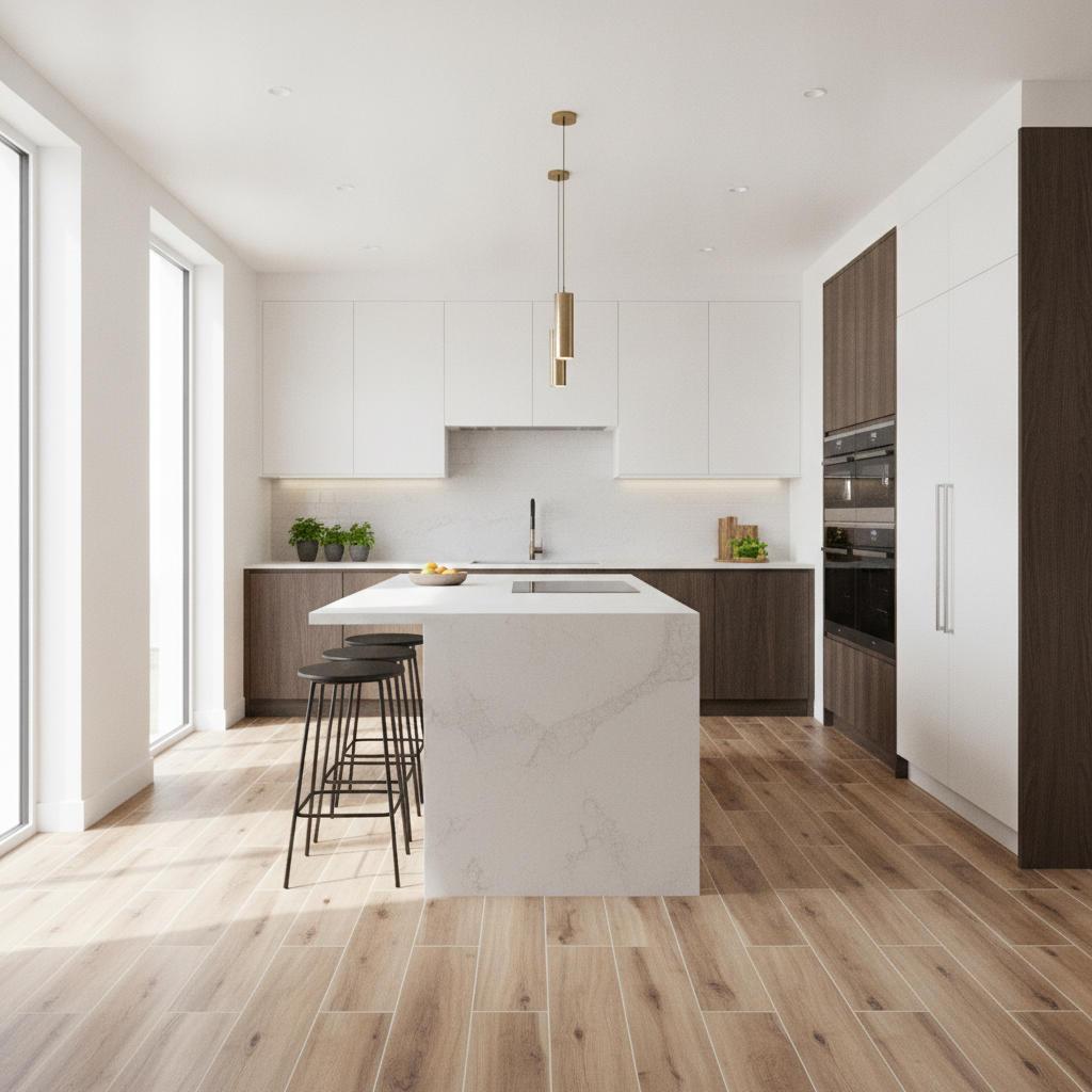 Modern kitchen with warm wood-look porcelain tile flooring