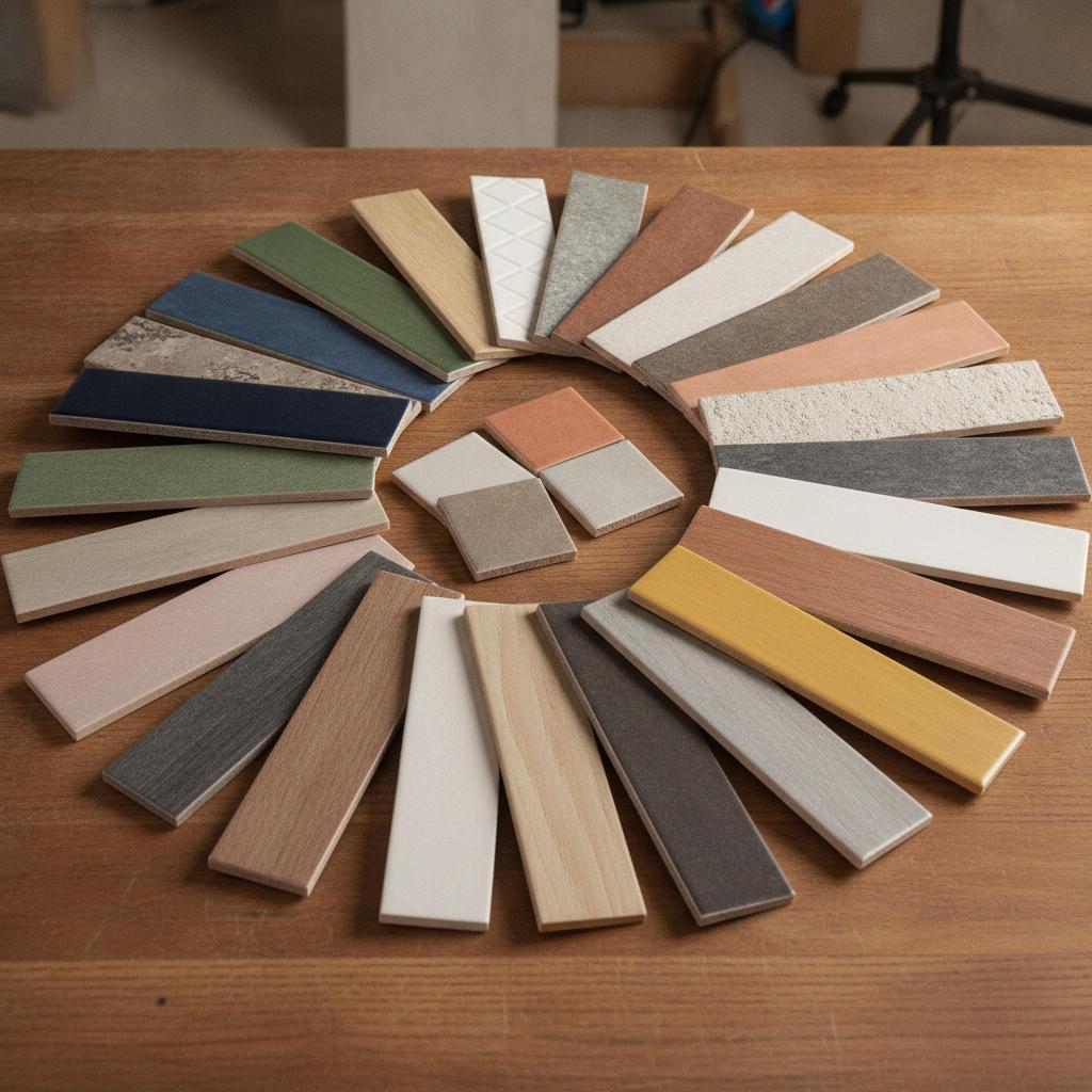 Fan of porcelain and ceramic tile samples in different colors and finishes