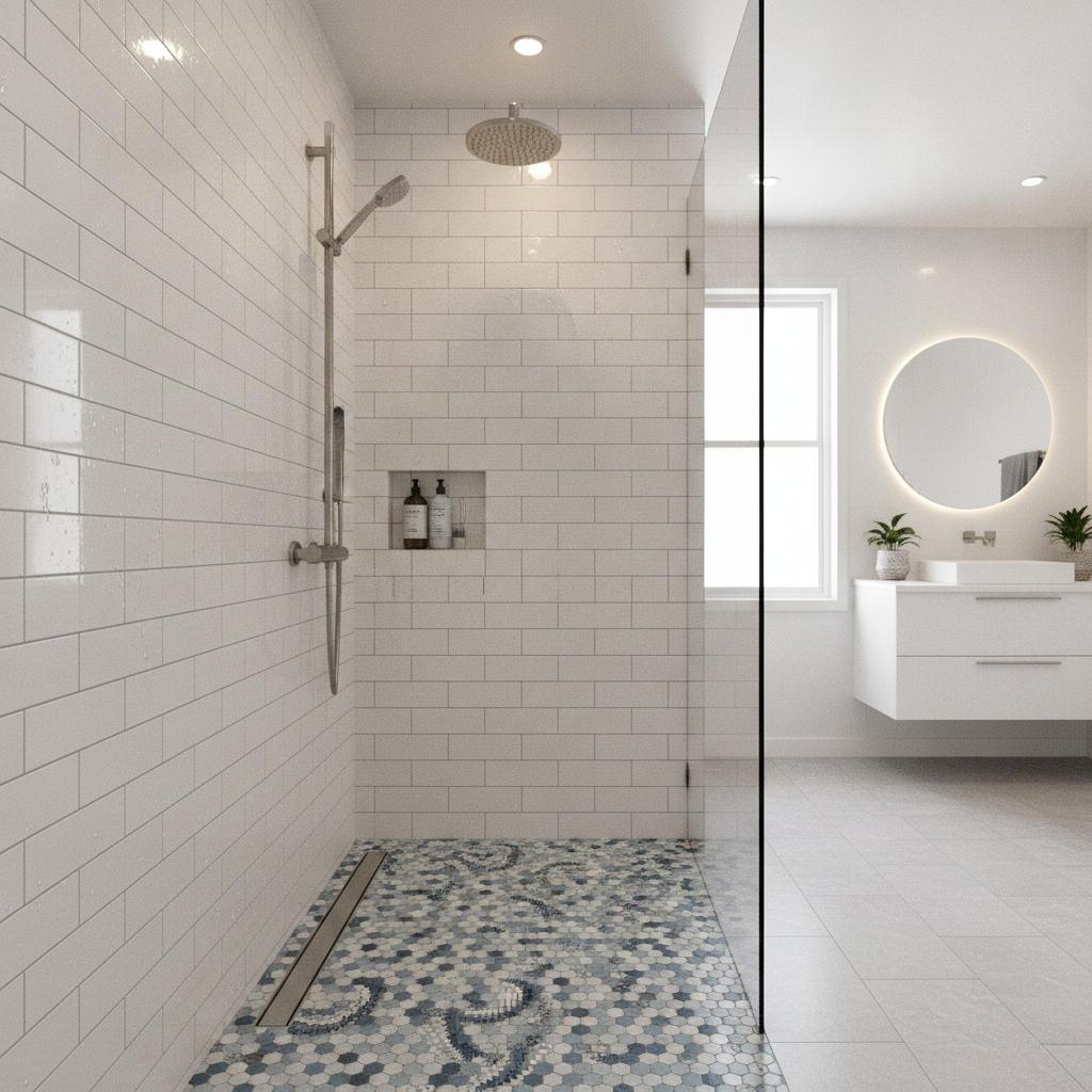 Walk-in tiled shower with white subway tile walls and a mosaic tile floor