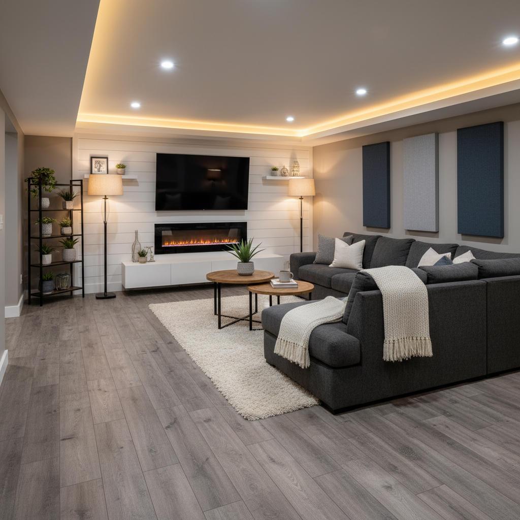 Finished basement with gray wood-look luxury vinyl plank flooring