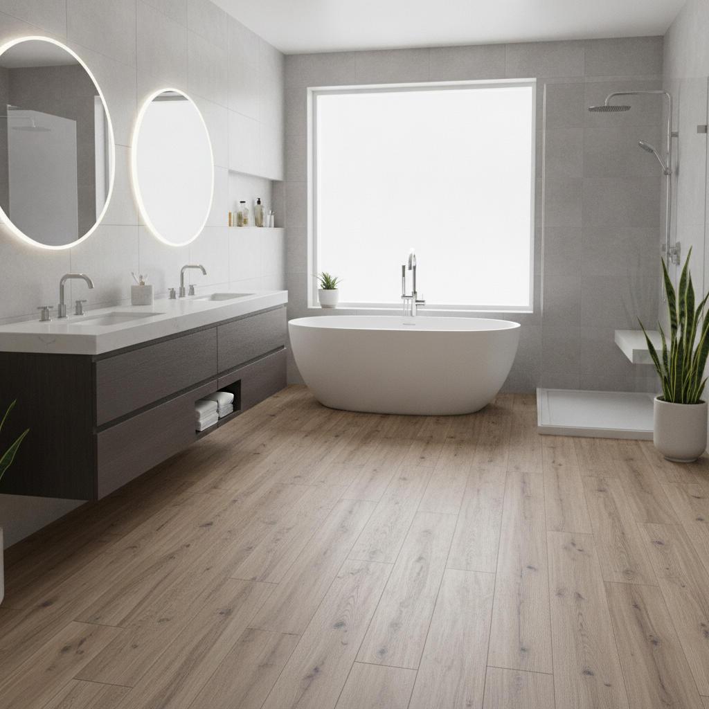 Modern bathroom with waterproof wood-look vinyl plank flooring