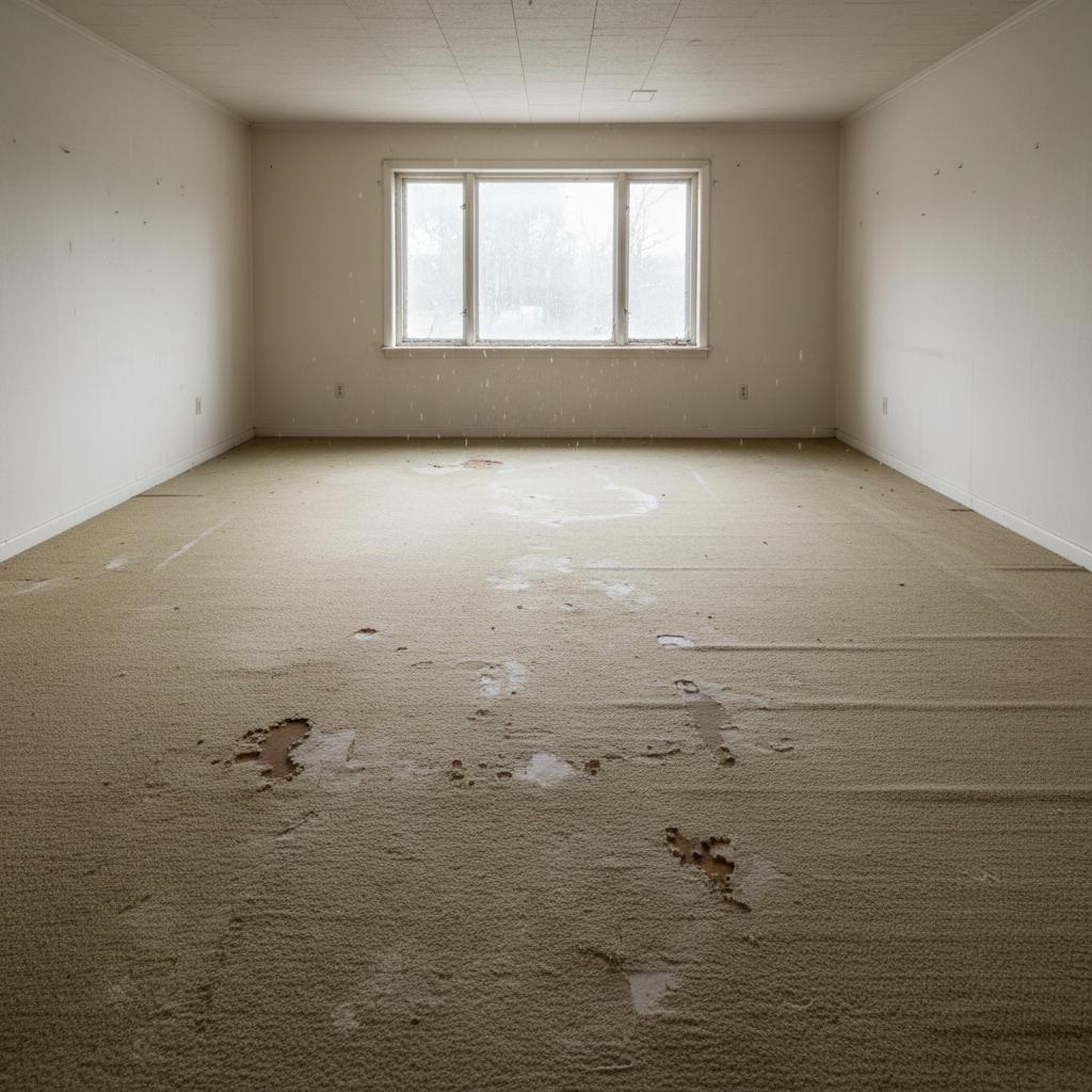 Old stained worn carpet in an empty room before renovation