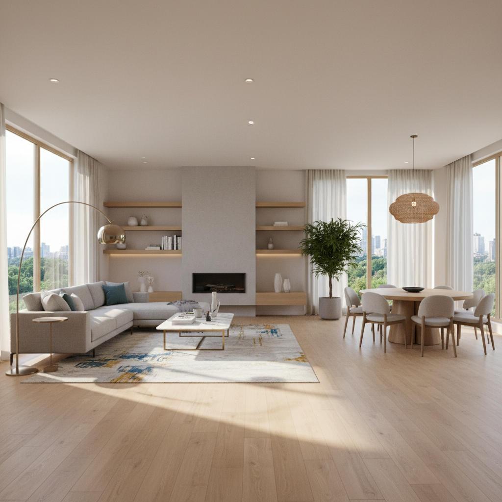 Modern living room with light wood-look luxury vinyl plank flooring