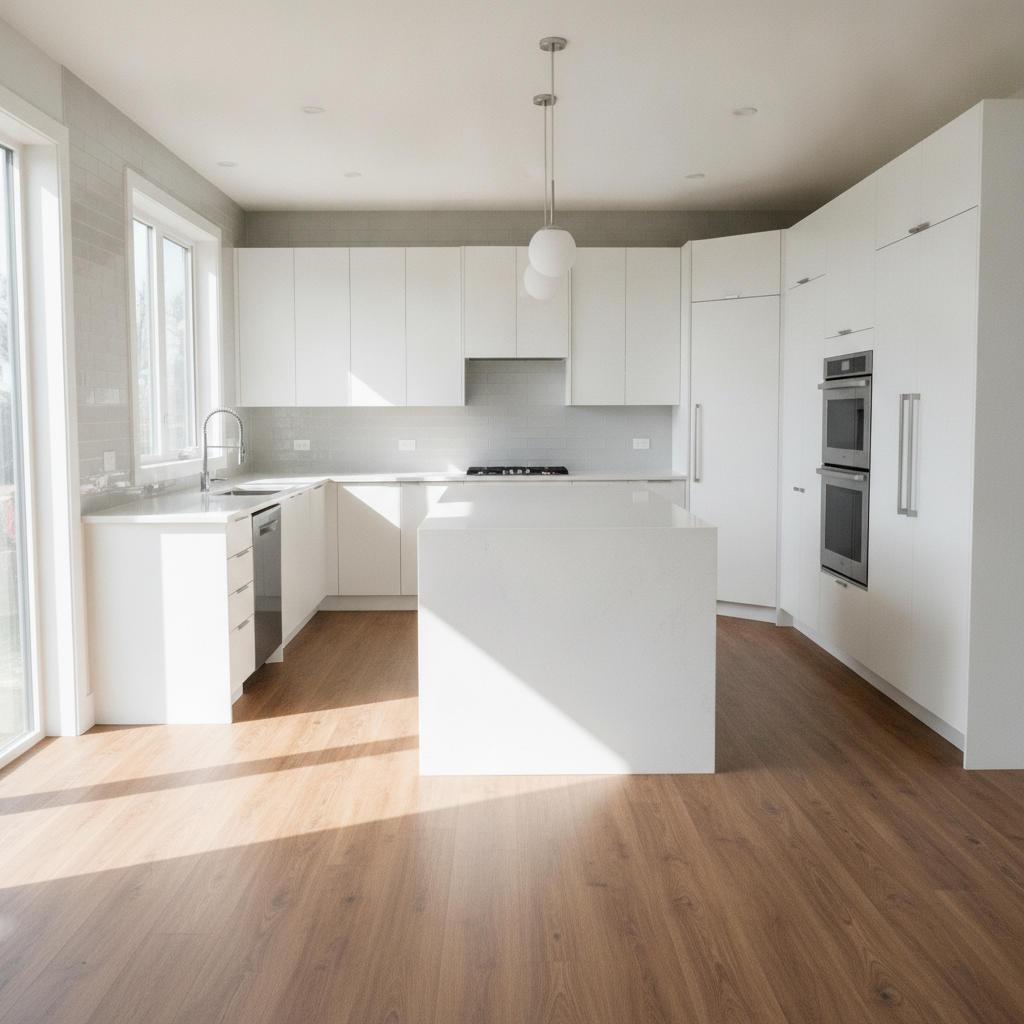Modern kitchen with wood-look luxury vinyl plank flooring