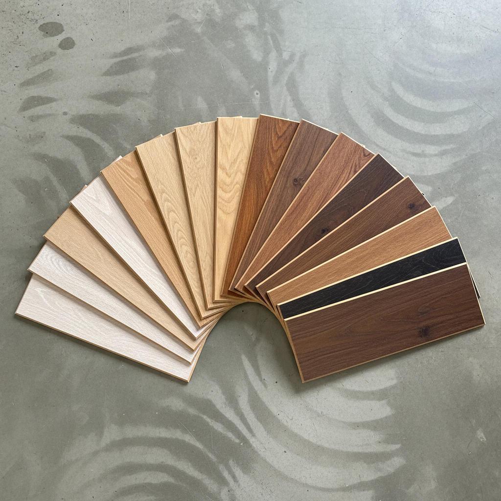 Fan of luxury vinyl plank samples in different wood tones